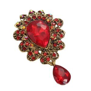 Brooch Red Glass Teardrop Dangle with A/B Iridescent Crystals Gold Tone